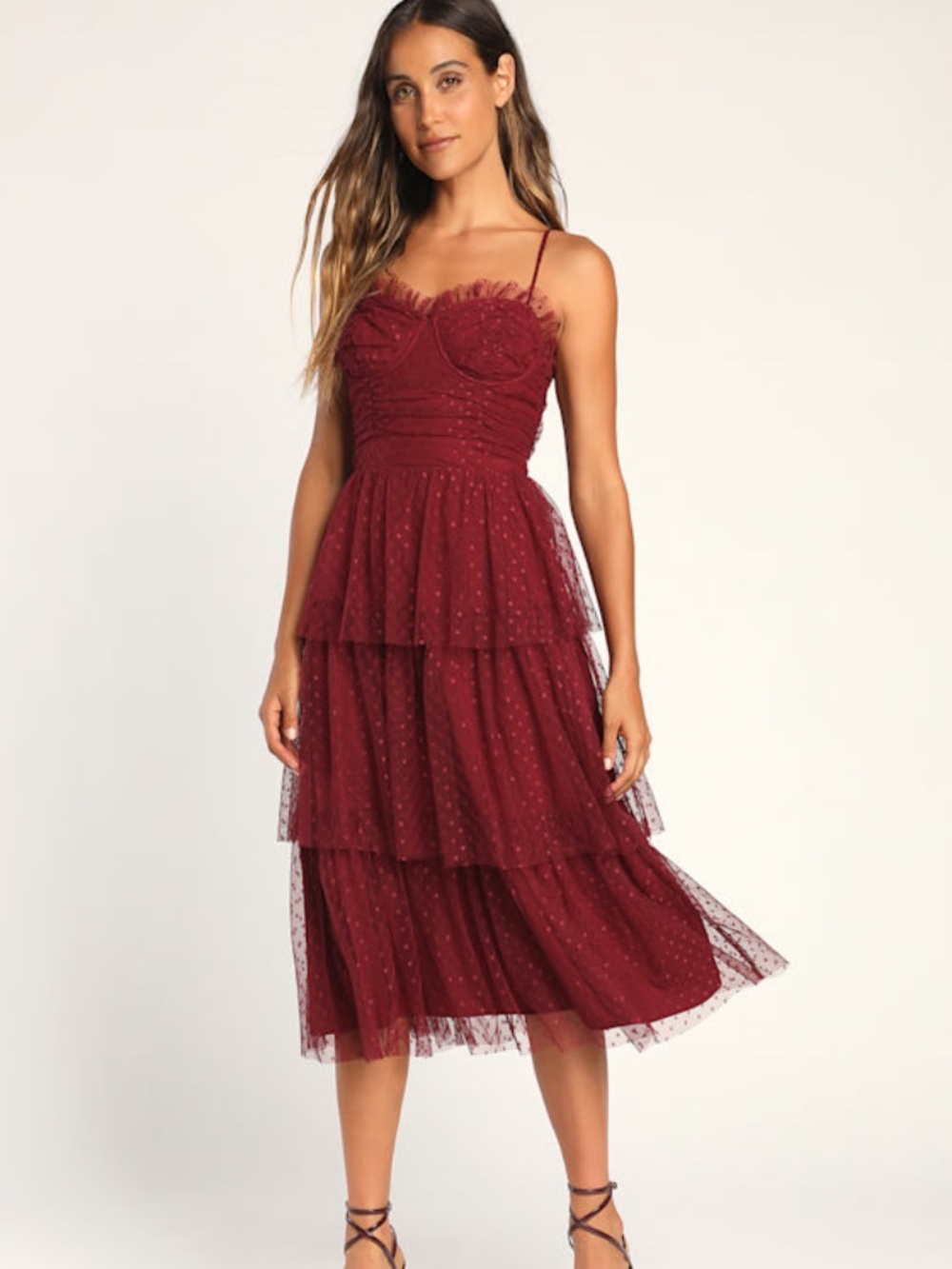 Lulus Sweetheart Style Burgundy Polka Dot Bustier Tiered Midi Dress - Size M